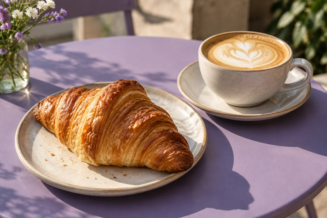 Cappuccino e croissant em uma mesa lilás